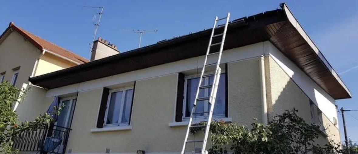 Avant : anciennes gouttières et bandeau sombres, échelle en place